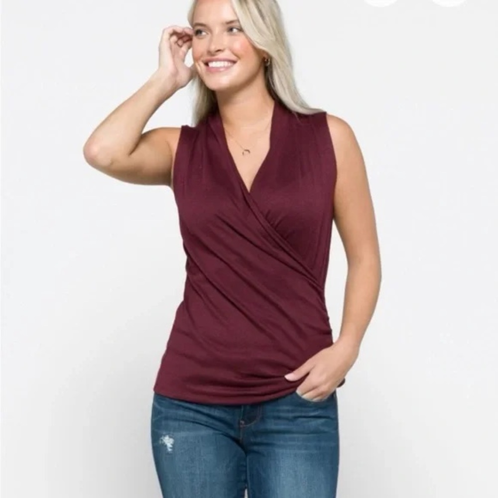 41 Hawthorn Benni Wrap Front Ruche Knit Tank Top Shirt - Wine Burgundy - Small - Picture 7 of 13